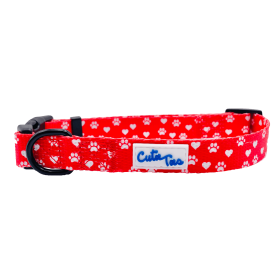Cutie Ties Fun Design Dog Collar (Color: Paw Prints & Hearts Red)