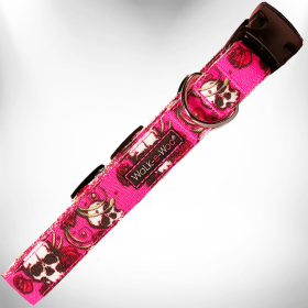 Tattoo Dog Collars (Color: Pink Skulls N' Roses, size: L 1" Width Fits 14-25" Neck)