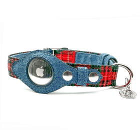 Apple Airtag Collar (Color: Red Plaid & Denim, size: small)