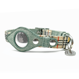 Apple Airtag Collar (Color: Beige Plaid & Denim, size: medium)
